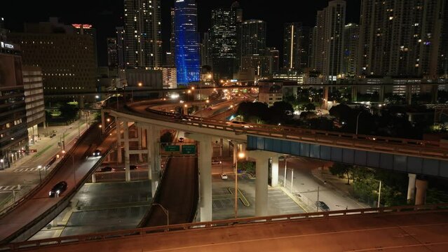 Establishing aerial shot of Miami i95 Brickell city traffic at night. Miami Brickell skyline in 4k aerial view. Downtown Miami Skyline, I 95 Highway 