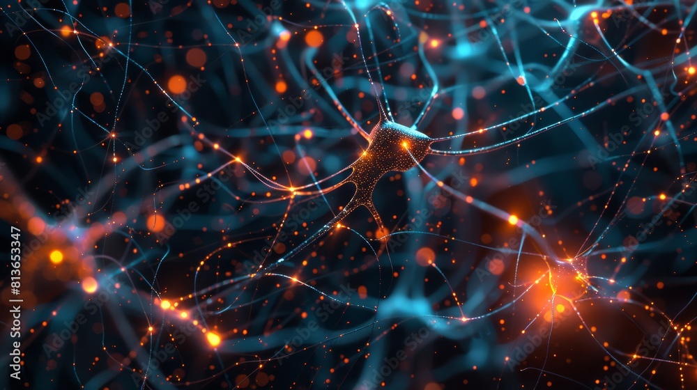 Poster Soaring through a vast network of interconnected neural pathways, resembling a bustling metropolis of pulsating data streams.