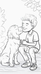 A coloring book about a boy and his dog with colorless black and white line drawings. Images are generated by AI