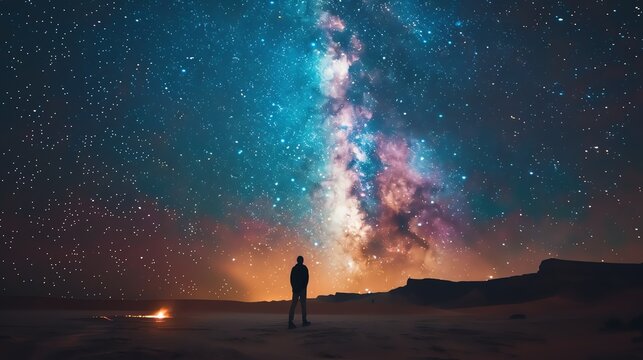 The image is of a person standing in a vast desert at night, looking up at a starry sky.