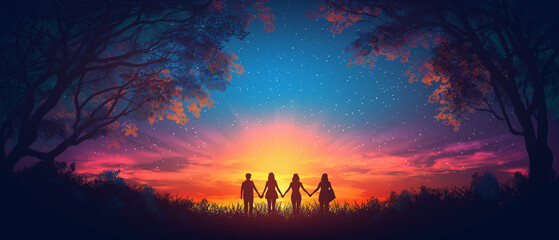 A group of friends holding hands in front of a sunset. Happy friendship day illustration