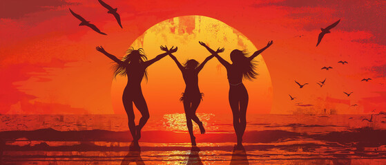 Silhouette of friends dancing on the beach in front of a sunset. Happy friendship day