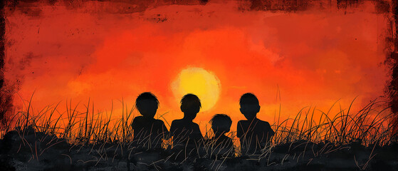 A group of friends in front of a sunset. Happy friendship day illustration