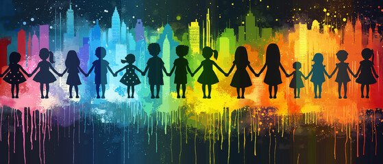 A colorful painting of a group of children holding hands. Happy children's day illustration