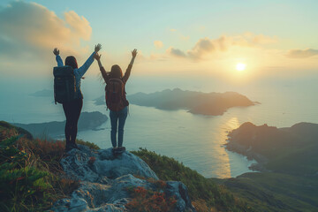 Two friends celebrate at sunset on a breathtaking mountain top