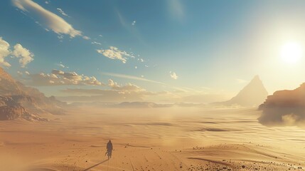The image shows a vast desert landscape with a lone figure walking towards a large rock formation in the distance. - Powered by Adobe