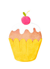Charming illustration of  The playful yellow cupcake, delightful and cheerful image. Watercolor, hand drawn. 
