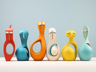 Ceramic figurines flat design side view Playful theme 3D render Analogous Color Scheme