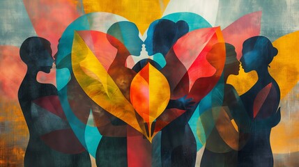 United embrace: heartleaf cubism - vintage-style poster illustration