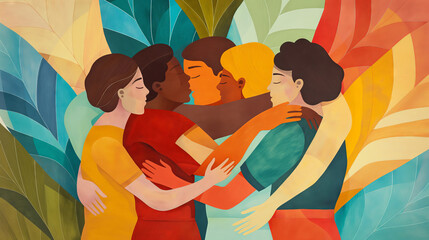 Cubist embrace: heart leaf unity - vintage poster art
