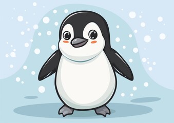 Obraz premium Cute Cartoon Penguin Standing in Snowy Landscape Illustration
