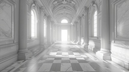 The image shows a long, brightly lit hallway with columns on either side. The floor is checkered and there is a bright light at the end of the hall.