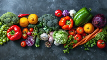 set of fresh vegetables, including peppers, tomatoes and leafy greens laid out on a dark slate background