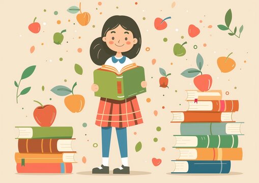 Young Girl Reading Book with Pile of Books and Fruits Illustration