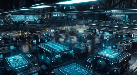 Futuristic industrial complex with luminescent data flooring - cinematic rendering