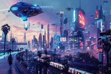 Obraz premium Futuristic Metropolis Skyline with Hovering Vehicles at Twilight