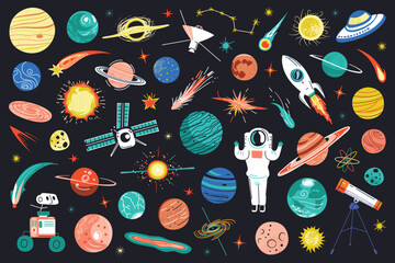 Space doodles collection, planets, stars and shuttle icons, vector illustrations of solar system, satellite and rocket, cute childish design for astronomy book, science collection, universe drawings