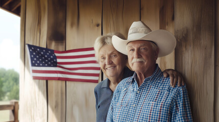 Elderly couple in cowboy hats smiles in front of American flag, wooden barn background. Warm affectionate expressions, sense of American pride