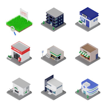  3DCG｜アイソメトリック｜いろいろな建物の外観セット