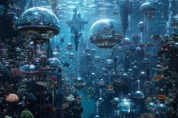 Underwater Utopia: A Luminous Marine City Enclosed by Transparent Domes