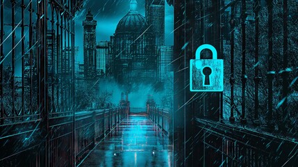 Neon city lockdown: turquoise glow & mosaic canvas texture