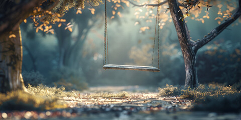 Dreamy swing hanging from a majestic oak tree