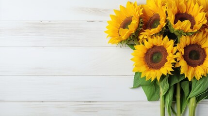 Sunflowers on white wooden background