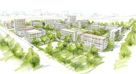 Eco-friendly urban masterplan concept sketch with sustainable architecture and green spaces
