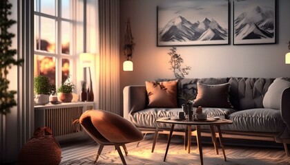 Modern bright living room with large cozy armchairs in a Nordic style, created with generative AI