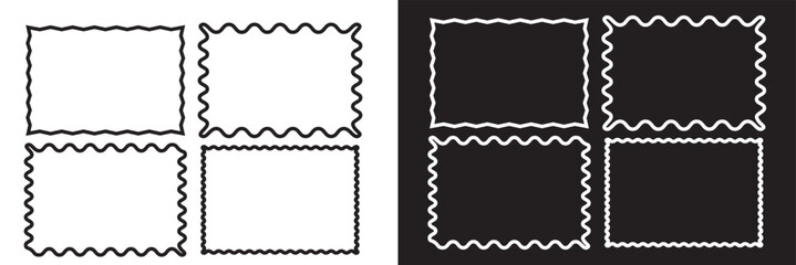 Set of rectangle frames with wavy edges. Rectangular shapes with wiggly borders. Picture or photo frames, empty text boxes, tags, labels isolated on white and black background. Vector illustration.EPS