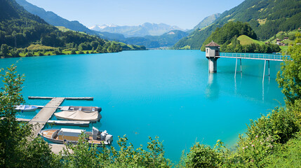turquoise lake Lungernsee, with boardwalk and boats, observation tower