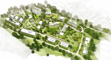 Eco-friendly urban masterplan concept sketch with green spaces and sustainable buildings