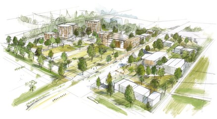 Eco-urban masterplan concept - sustainable architecture design sketch