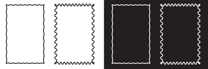 Set of rectangle frames with wavy edges. Rectangular shapes with wiggly borders. Picture or photo frames, empty text boxes, tags, labels isolated on white and black background. Vector illustration.EPS