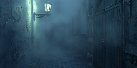 Empty dark city street with horror atmosphere Night scene with fog without people 