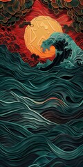 Japanese sunset woodcut: futuristic chromatic waves 