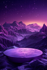 purple cylinder pedestal podium for product presentation against the background of mountains.