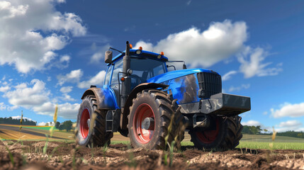 a blue tractor stands in the field to dig up the ground and then plant grain
