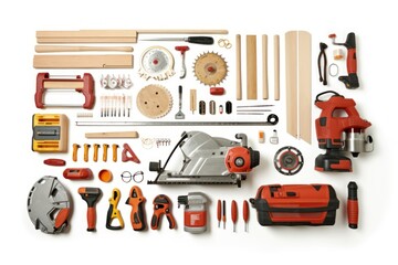 Naklejka premium Neatly organized arrangement of various tools and hardware items isolated on a white background