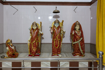 idols of hindu god ram sita and lakshman at temple from unique perspective