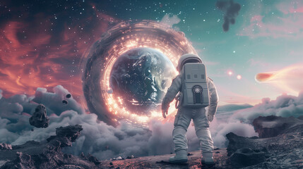 Fototapeta premium Astronaut standing on alien exoplanet in front of magical space time portal 