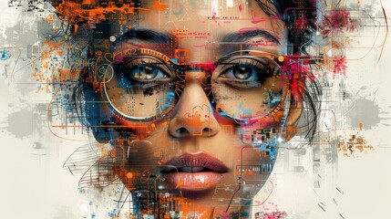 A woman with a face made of different colored squares and circles