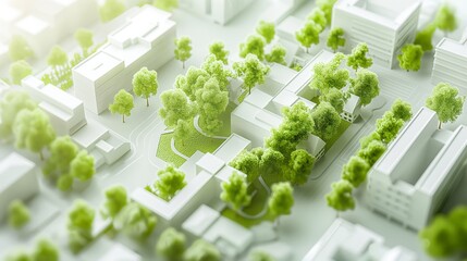 Green urban plan: architectural city blueprint with vibrant trees and buildings - neo-academic style render with expressive linework