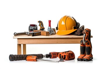 Various carpentry and construction tools with a protective helmet on a wooden table, isolated on white