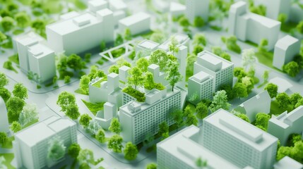Architectural city blueprint with lush greenery - neo-academic style realistic rendering