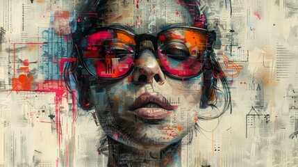 A woman with a face made of different colored squares and circles