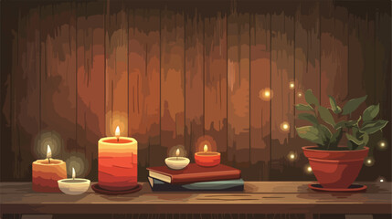 Burning candles with books and decor on table near wood