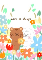 cute teddy bear with bunny couple card with tiny colorful flowers and green leaf frame/border in white background. illustration background decoration.