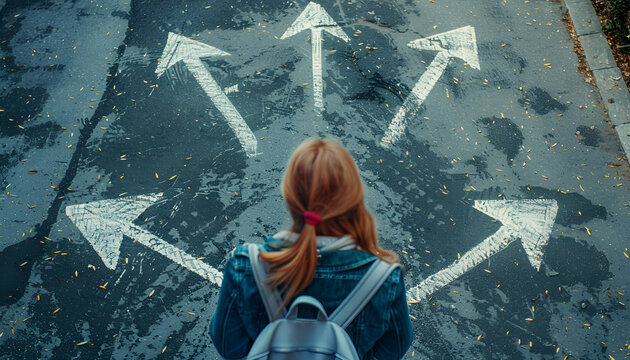Choosing future profession. Girl standing in front of drawn signs on asphalt, top view. Arrows pointing in different directions as diversity of opportunities