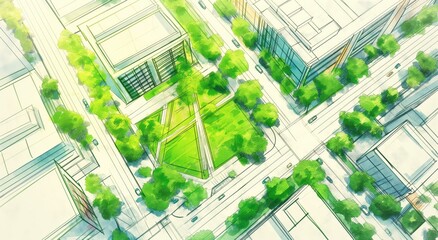 Green urban oasis: hand-drawn architectural concept of town center park with lush trees and eclectic buildings - perspective sketch on textured white